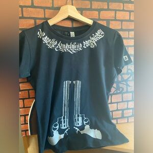 WESC Black T-Shirt With Silver Graphics - Caligraphy and Guns - NWOT Womens M